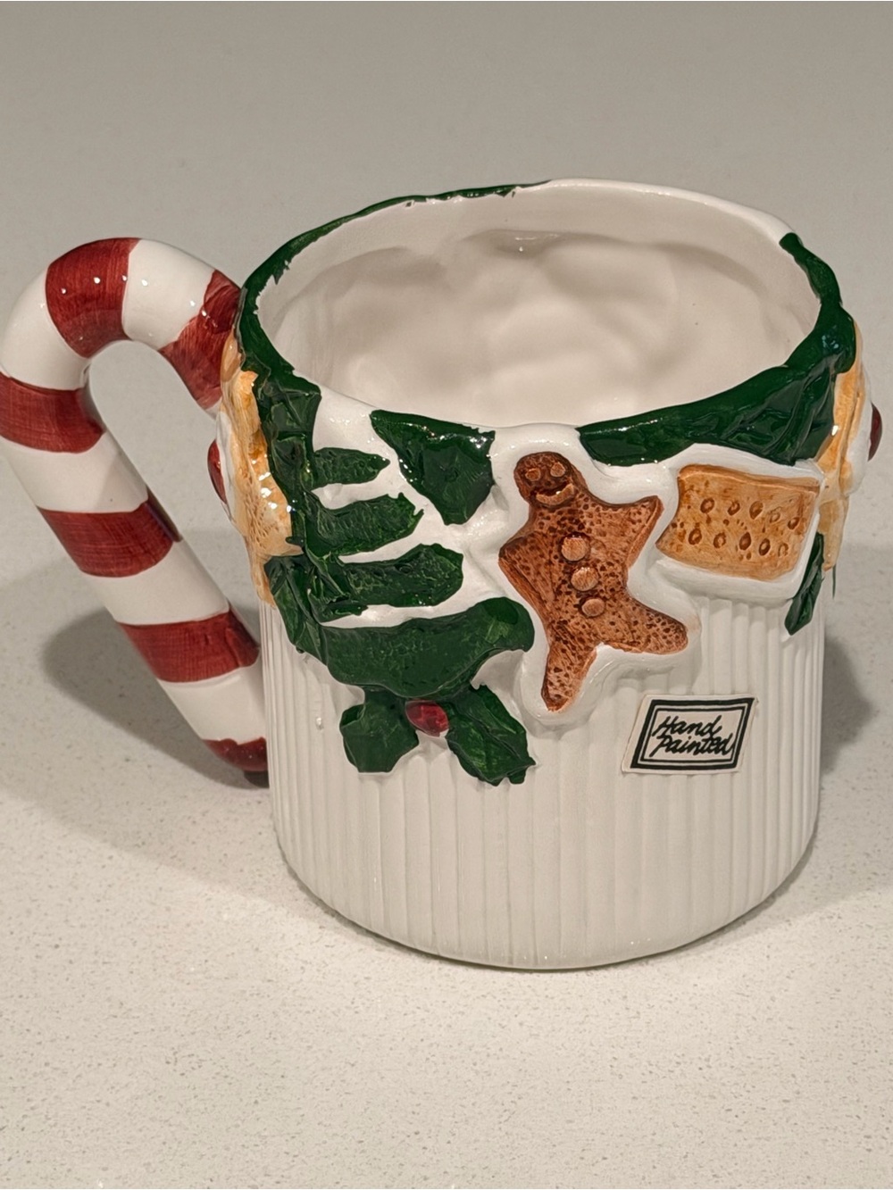 Hand-Painted Holiday Candy Cane Handle Mug with Gingerbread Accents